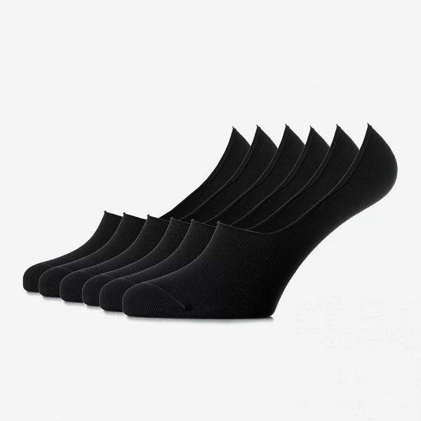 Set mit 6 Paar PREMIUM Baumwoll-Fußlingen Schwarz Unisex: nahtlos + Silikon